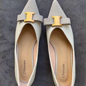C. Paravano Cream Pointed Toe Flats with Gold Accent